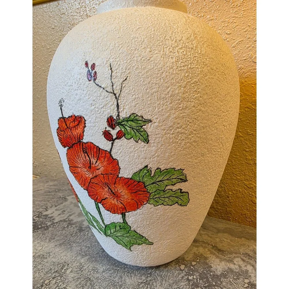 Signed Handcrafted White Textured‎ Vase Red Poppy Floral 10